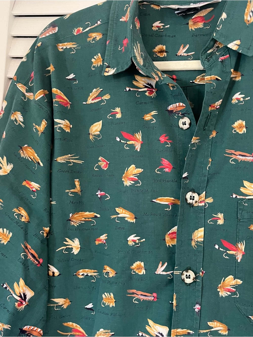 High Rise Vintage Sport Shirt Fly Fishing Green Sz Large Cotton